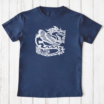 Uni-T kids navy blue organic cotton t-shirt featuring a white hand-illustrated ancient dragon graphic design