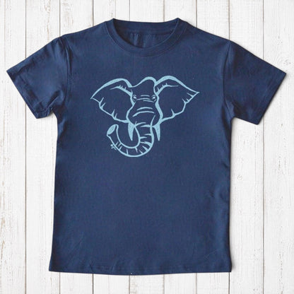 Uni-T kids navy blue organic cotton t-shirt featuring a hand-illustrated light blue elephant graphic print