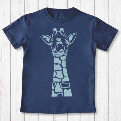 Uni-T kids organic cotton navy blue t-shirt featuring a whimsical light blue giraffe graphic illustration
