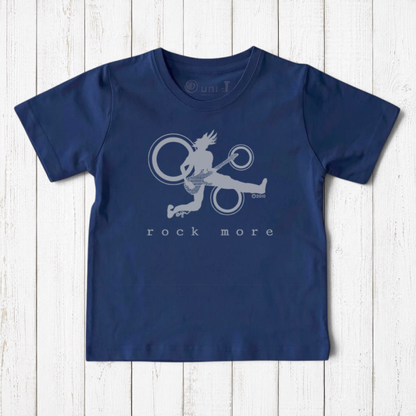 Uni-T navy blue organic cotton kids t-shirt featuring a peach-colored hand-drawn guitar graphic and Rock More text.