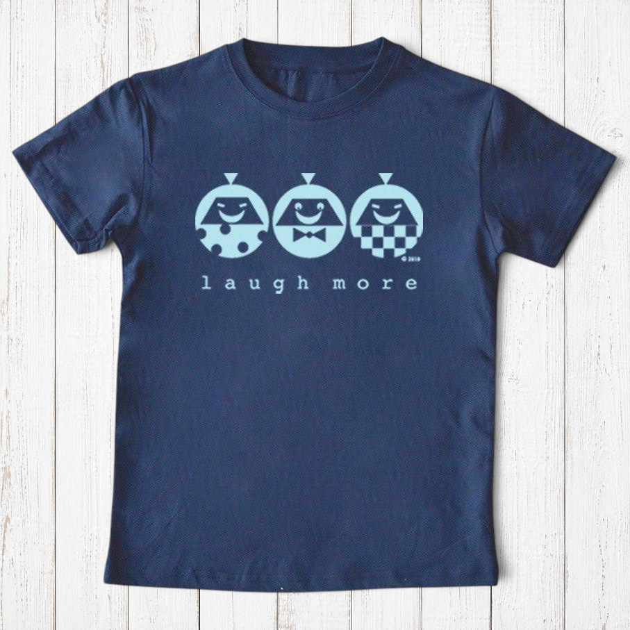 Uni-T navy blue organic cotton kids t-shirt featuring a playful Laugh More graphic with three smiling characters