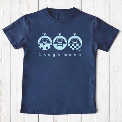 Uni-T navy blue organic cotton kids t-shirt featuring a playful Laugh More graphic with three smiling characters