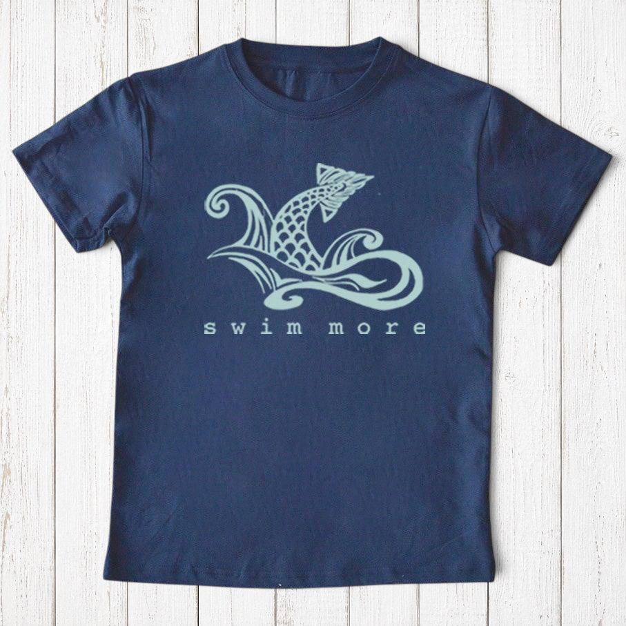 Uni-T navy blue organic cotton kids t-shirt featuring a hand-illustrated fish graphic and Swim More text