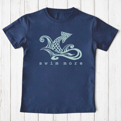 Uni-T navy blue organic cotton kids t-shirt featuring a hand-illustrated fish graphic and Swim More text