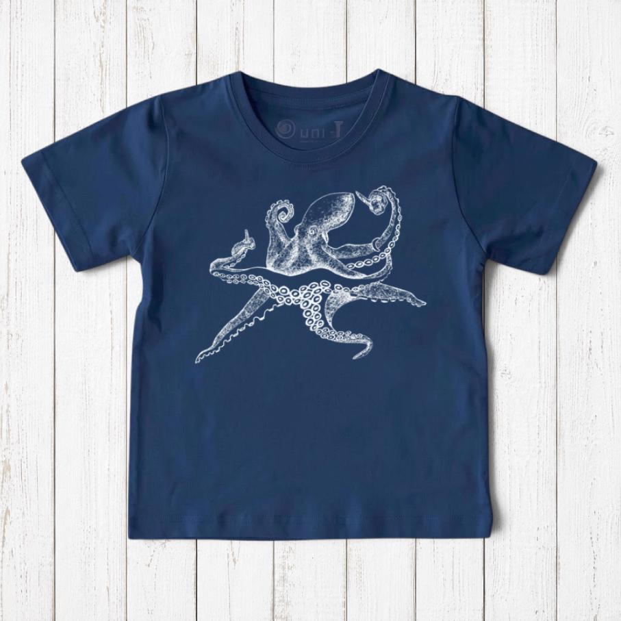 Uni-T kids navy blue organic cotton t-shirt featuring a hand-illustrated light green octopus graphic