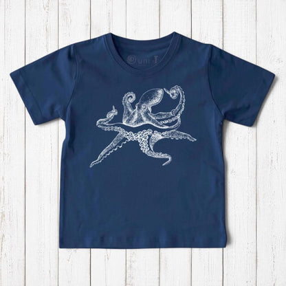 Uni-T kids navy blue organic cotton t-shirt featuring a hand-illustrated light green octopus graphic