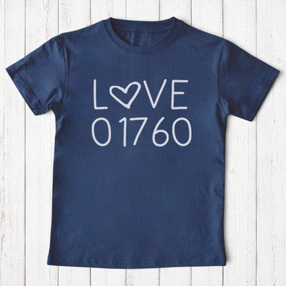 Uni-T navy blue organic cotton kids t-shirt featuring a white hand-drawn Love 01760 Natick graphic print