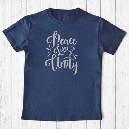 Uni-T kids navy blue organic cotton t-shirt with white hand-drawn Peace Love & Unity typography graphic