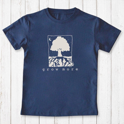 Uni-T navy blue organic cotton kids t-shirt featuring a white hand-illustrated tree graphic and Grow More text.