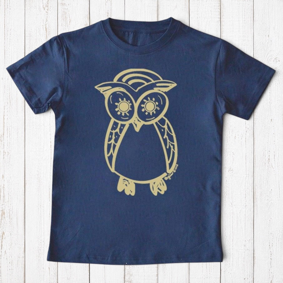 Uni-T kids navy blue organic cotton t-shirt featuring a whimsical hand-illustrated gold owl graphic