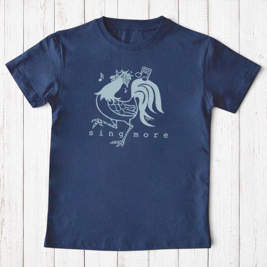 Uni-T navy blue organic cotton kids t-shirt featuring a hand-illustrated singing rooster graphic with musical notes