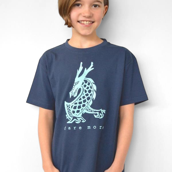 Child wearing a navy blue Uni-T organic cotton t-shirt featuring a light blue hand-illustrated dragon graphic