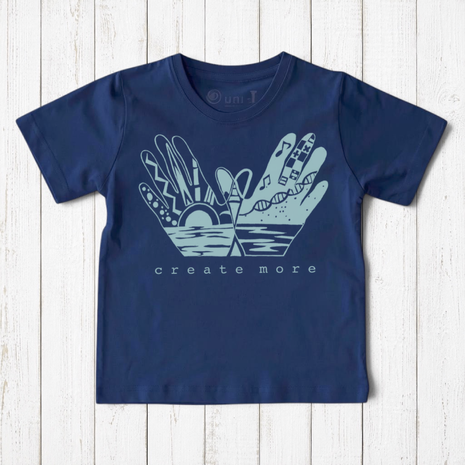 Uni-T navy blue organic cotton kids t-shirt featuring a white hand-drawn Create More graphic illustration
