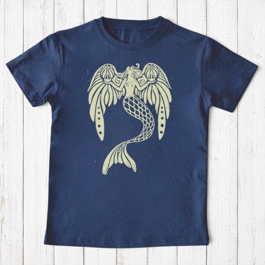 Uni-T kids organic cotton navy blue t-shirt featuring a whimsical hand-illustrated mermaid graphic in cream ink