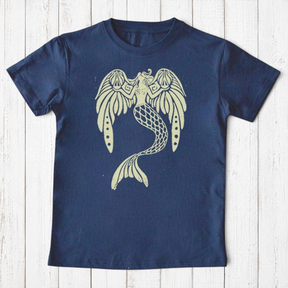 Uni-T kids organic cotton navy blue t-shirt featuring a whimsical hand-illustrated mermaid graphic in cream ink