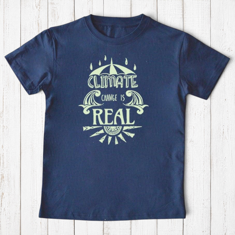 Uni-T navy blue organic cotton kids t-shirt featuring a hand-illustrated Climate Change Is Real graphic print