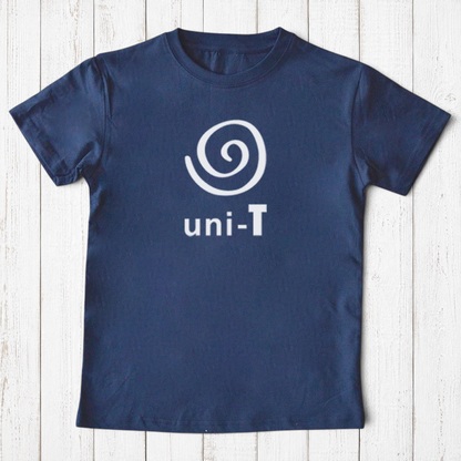 Uni-T navy blue organic cotton kids t-shirt with white unity spiral logo graphic
