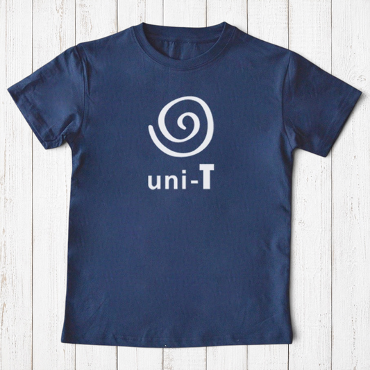 Uni-T navy blue organic cotton kids t-shirt with white unity spiral logo graphic
