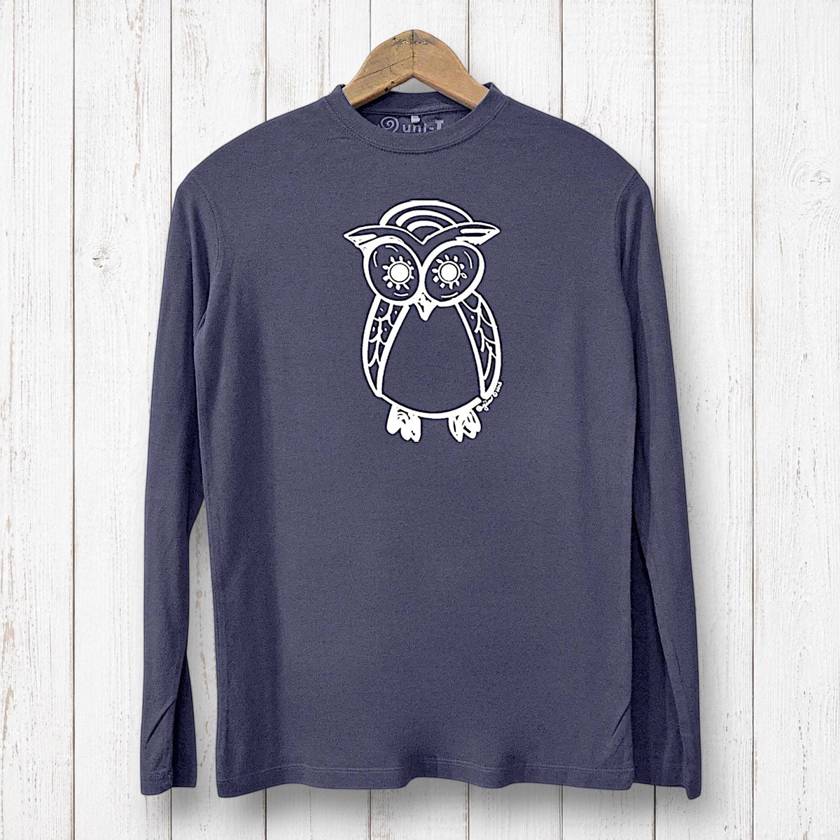 Uni-T men's navy long sleeve bamboo and organic cotton t-shirt featuring a white hand-illustrated owl graphic