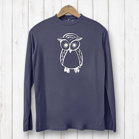 Uni-T men's navy long sleeve bamboo and organic cotton t-shirt featuring a white hand-illustrated owl graphic