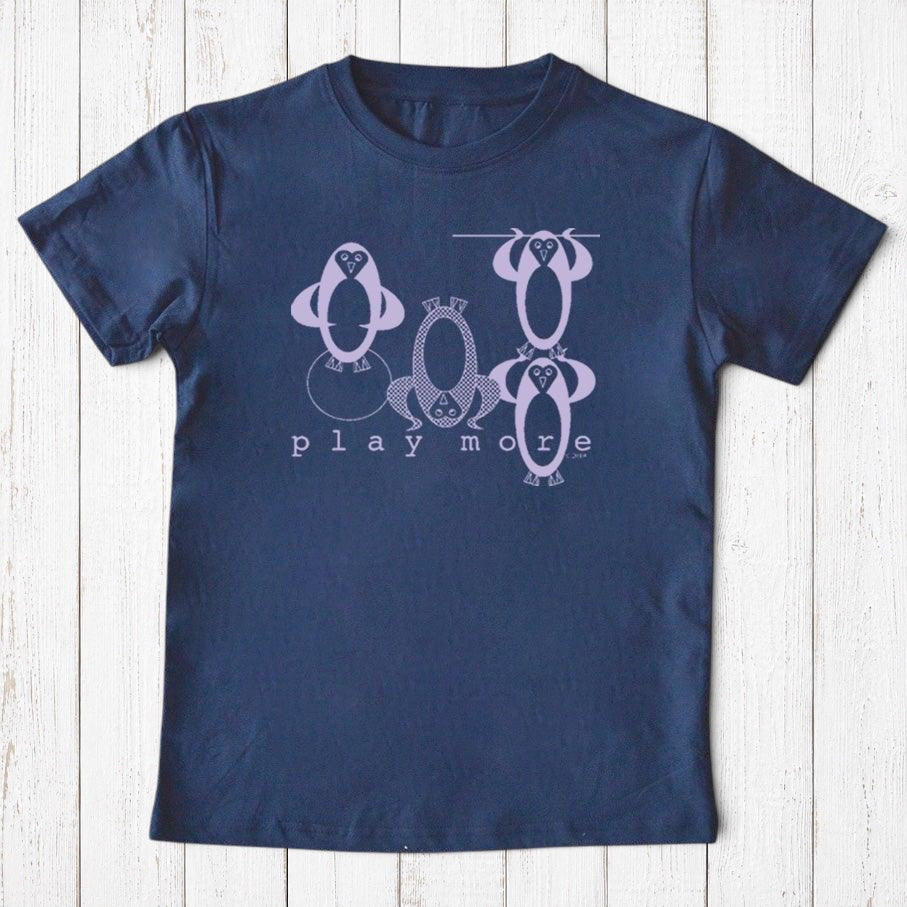 Uni-T kids navy blue organic cotton t-shirt featuring a playful hand-illustrated penguin graphic and Play More text