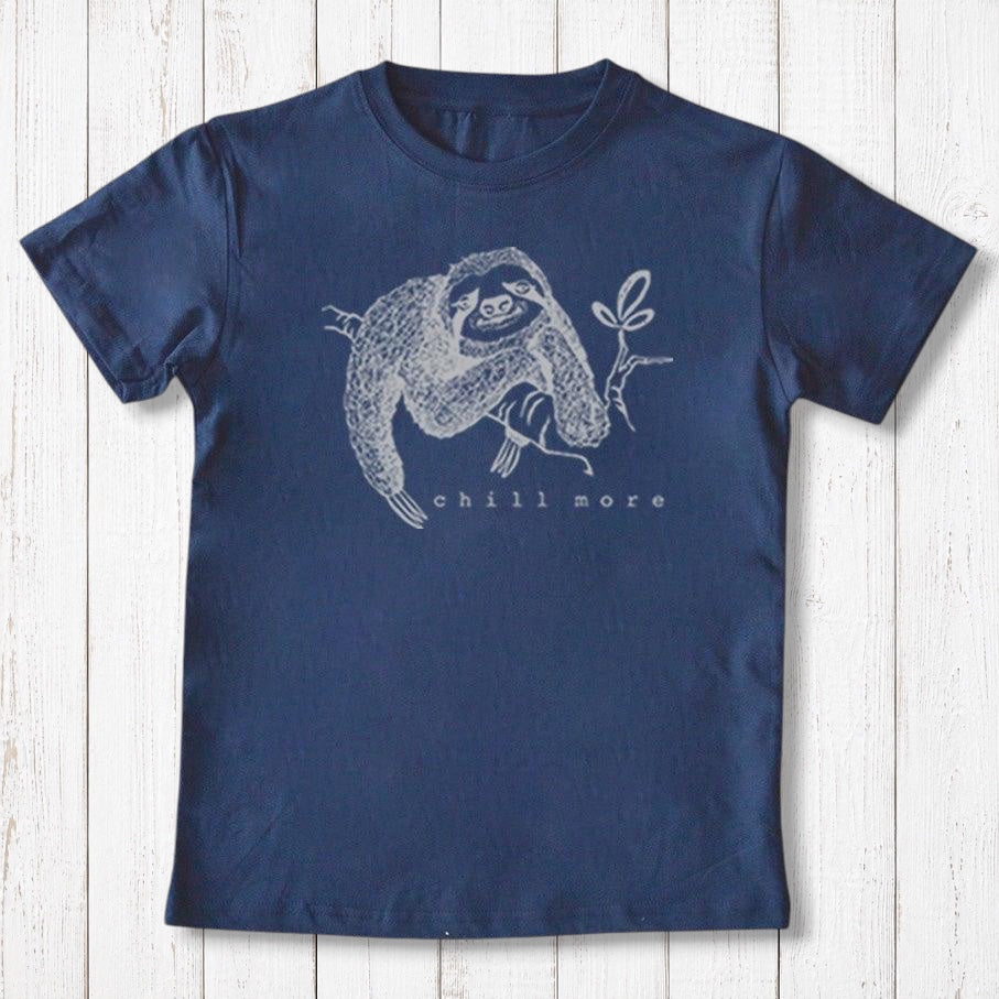 Uni-T kids navy blue organic cotton t-shirt featuring a white hand-illustrated sloth graphic and Chill More text