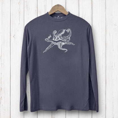 Uni-T men's long sleeve graphic t-shirt in dark grey with a white octopus illustration on a rustic wood background.