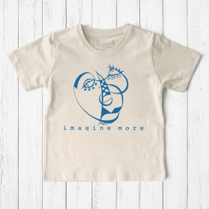 Uni-T kids organic cotton t-shirt in cream with a blue hand-drawn Imagine More artistic graphic print