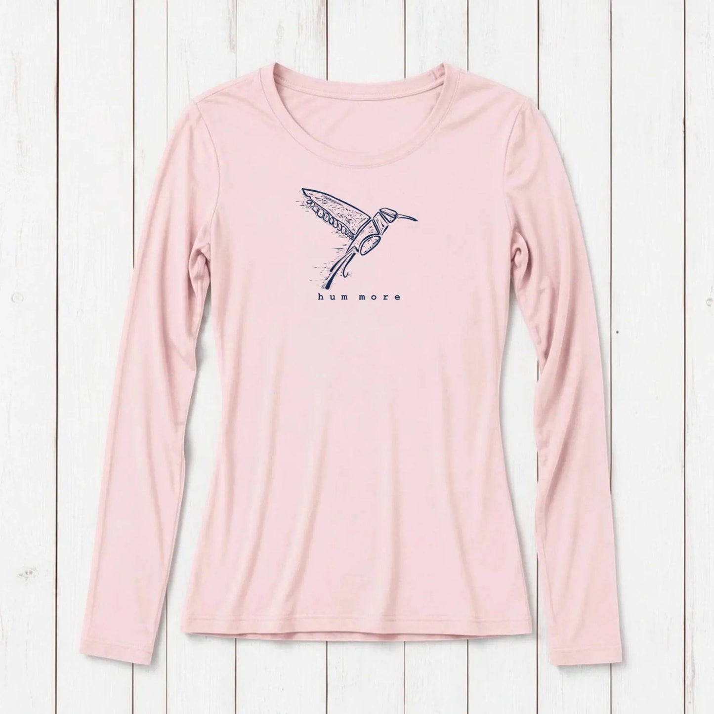 Uni-T women's soft pink long sleeve bamboo and organic cotton blend t-shirt on a white wooden background