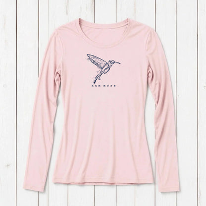 Uni-T women's soft pink long sleeve bamboo and organic cotton blend t-shirt on a white wooden background
