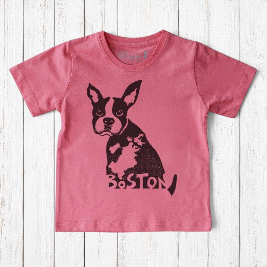 Uni-T kids pink organic cotton t-shirt featuring a black hand-illustrated Boston Terrier puppy graphic