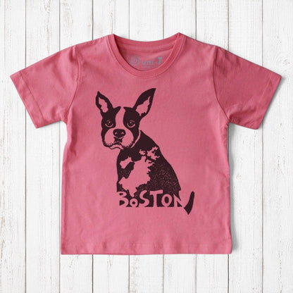Uni-T kids pink organic cotton t-shirt featuring a black hand-illustrated Boston Terrier puppy graphic