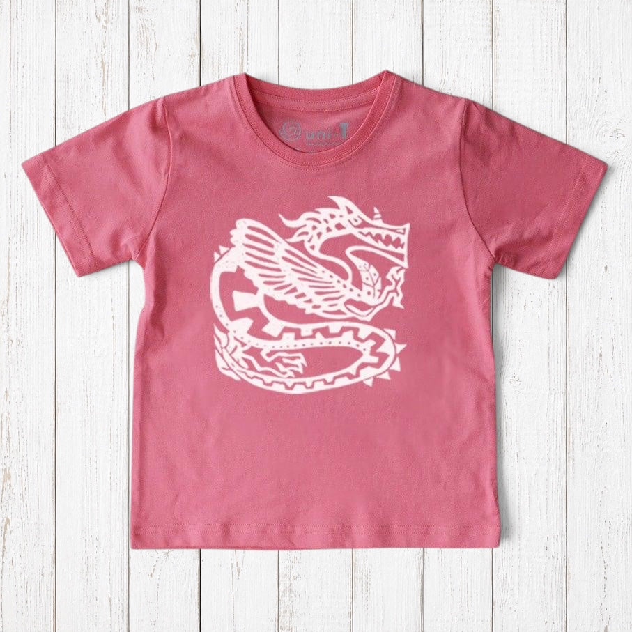 Uni-T kids organic cotton t-shirt in dusty pink featuring a white hand-illustrated ancient dragon fantasy graphic.