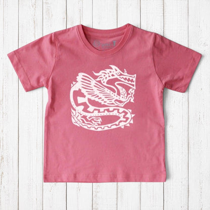 Uni-T kids organic cotton t-shirt in dusty pink featuring a white hand-illustrated ancient dragon fantasy graphic.