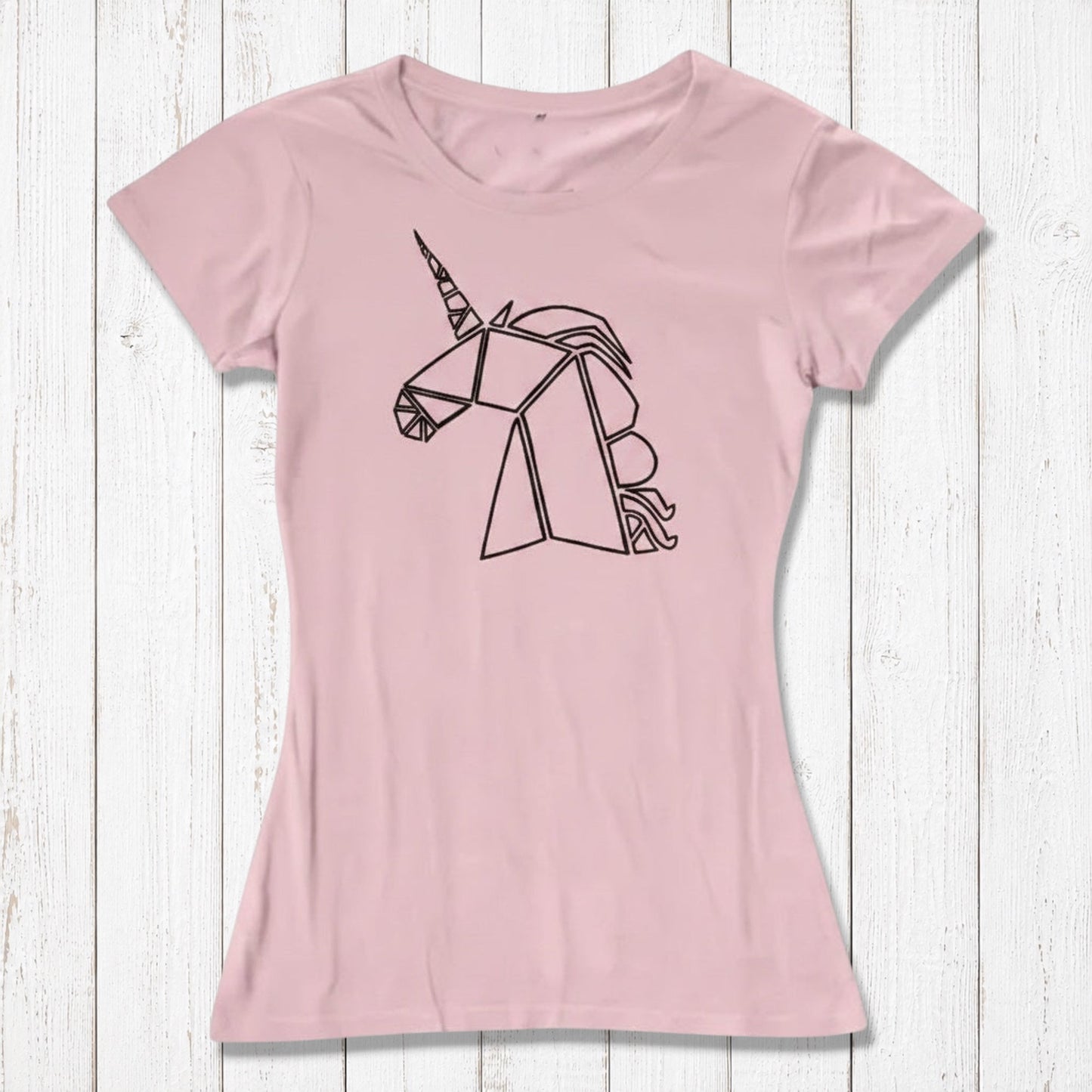 Uni-T women's soft pink bamboo and organic cotton t-shirt featuring a black geometric unicorn line art graphic
