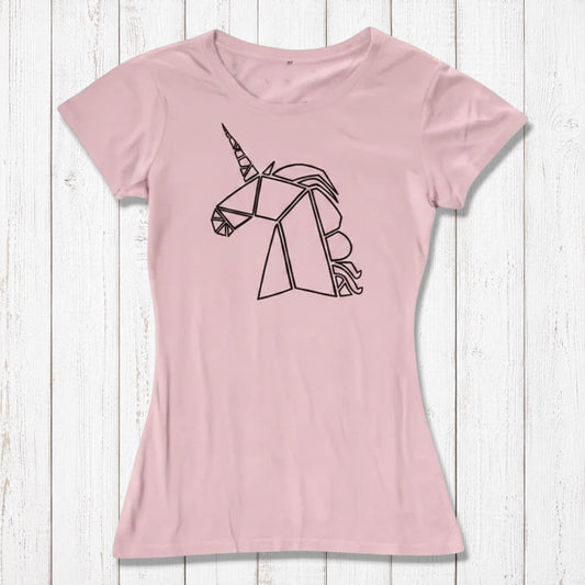 Uni-T women's soft pink bamboo and organic cotton t-shirt featuring a black geometric unicorn line art graphic