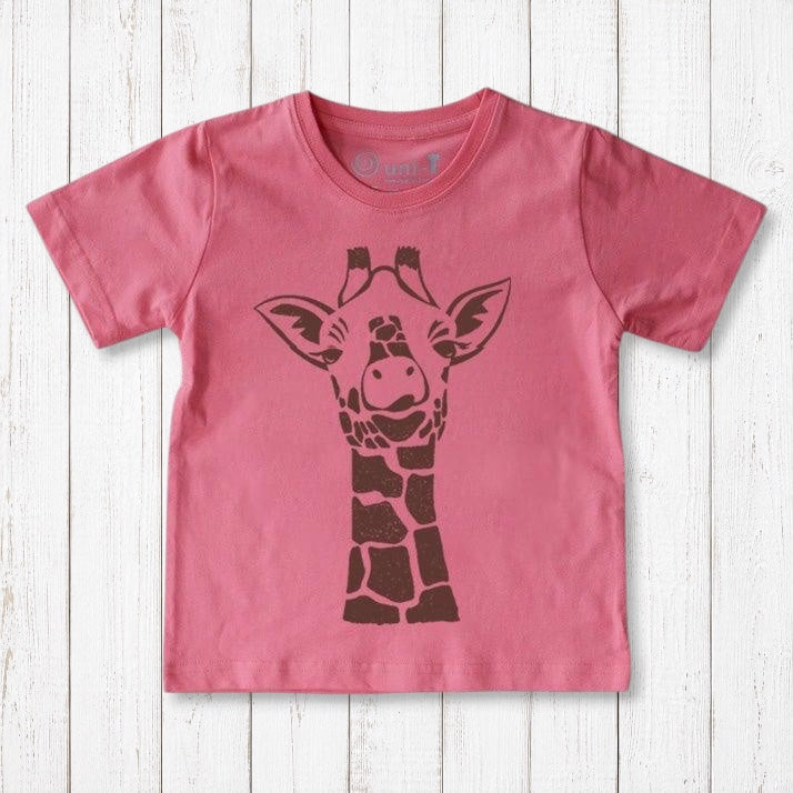 Uni-T kids organic cotton t-shirt in pink featuring a brown whimsical giraffe illustration by Eujin Kim Neilan