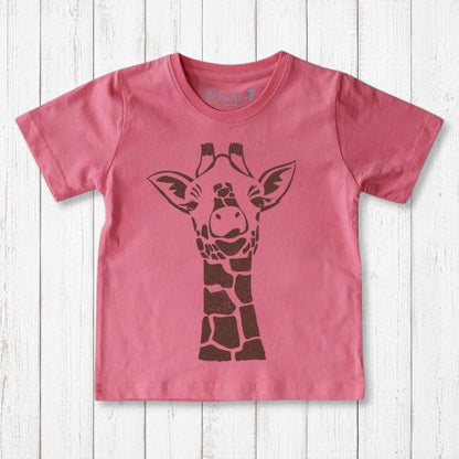 Uni-T kids organic cotton t-shirt in pink featuring a brown whimsical giraffe illustration by Eujin Kim Neilan