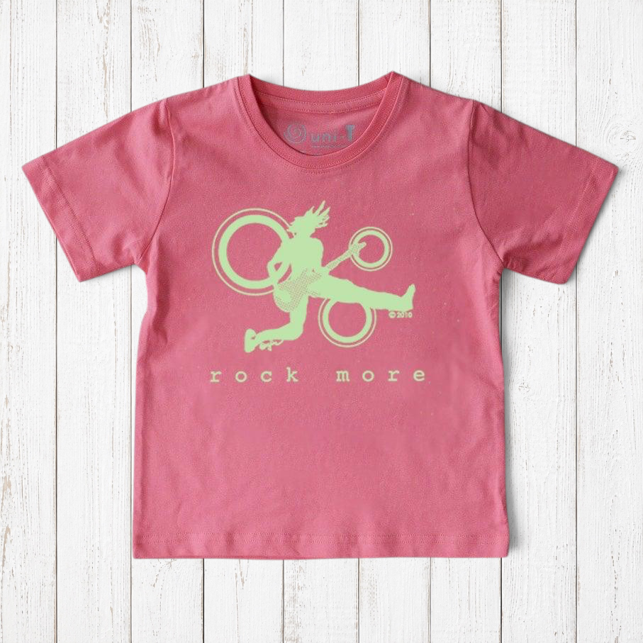 Uni-T kids pink organic cotton t-shirt featuring a green hand-illustrated guitar graphic and Rock More text