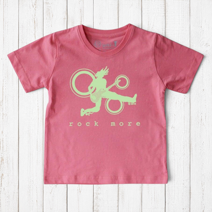 Uni-T kids pink organic cotton t-shirt featuring a green hand-illustrated guitar graphic and Rock More text