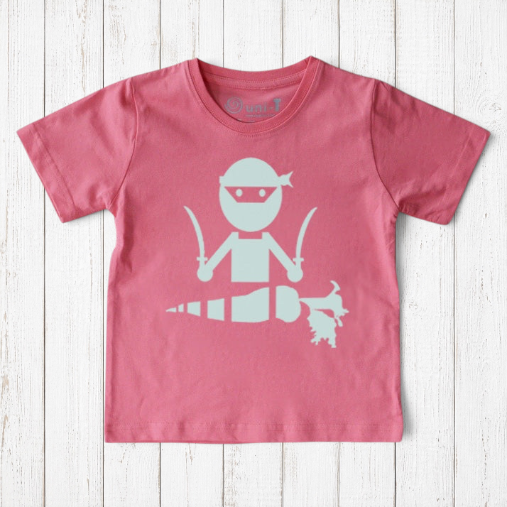 Uni-T kids organic cotton pink t-shirt featuring a hand-illustrated ninja chopping a carrot with swords