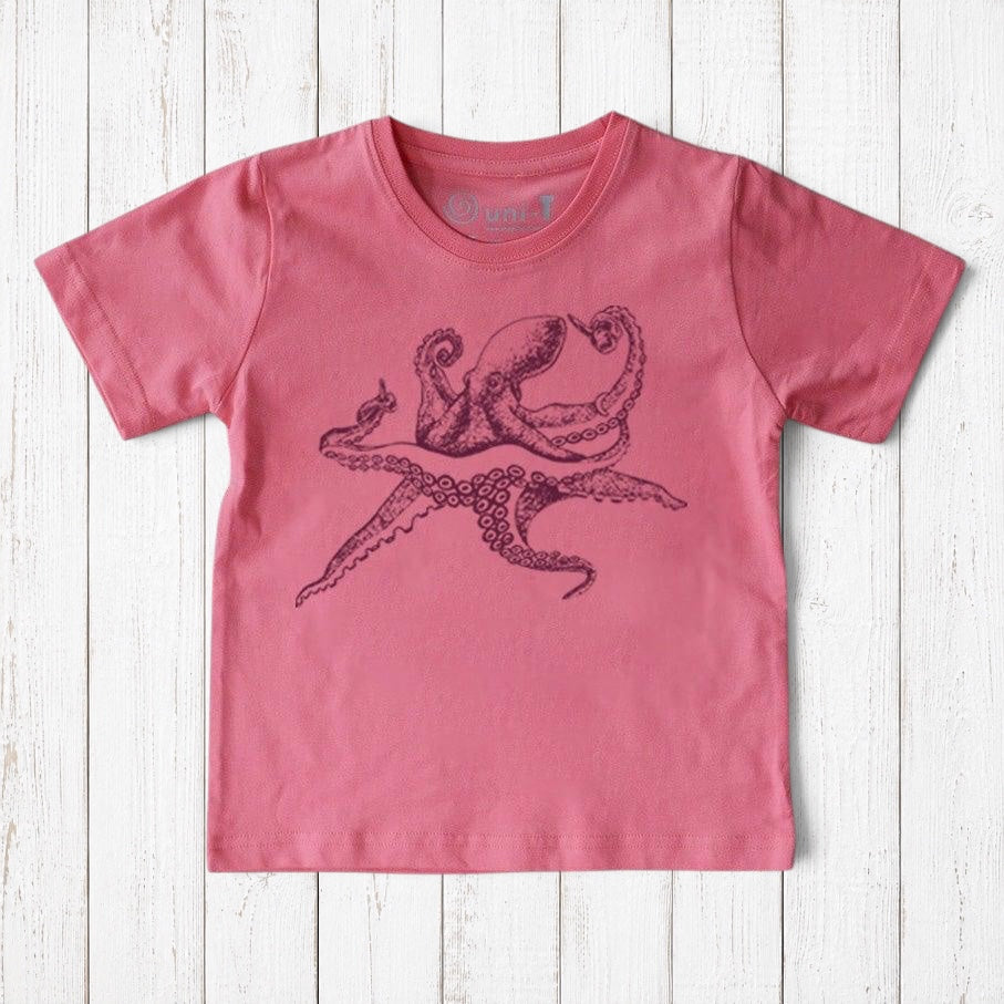 Uni-T kids organic cotton t-shirt in dusty pink featuring a detailed black hand-illustrated octopus graphic