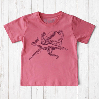 Uni-T kids organic cotton t-shirt in dusty pink featuring a detailed black hand-illustrated octopus graphic