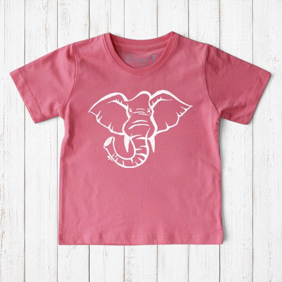 Uni-T kids organic cotton t-shirt in dusty pink featuring a white hand-illustrated elephant graphic design