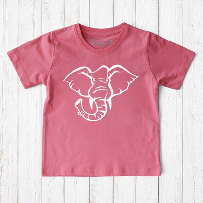 Uni-T kids organic cotton t-shirt in dusty pink featuring a white hand-illustrated elephant graphic design