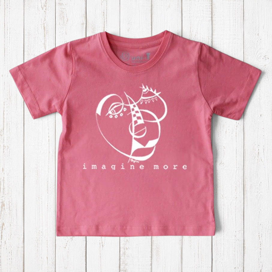 Uni-T kids pink organic cotton t-shirt featuring a white hand-drawn artistic Imagine More graphic design