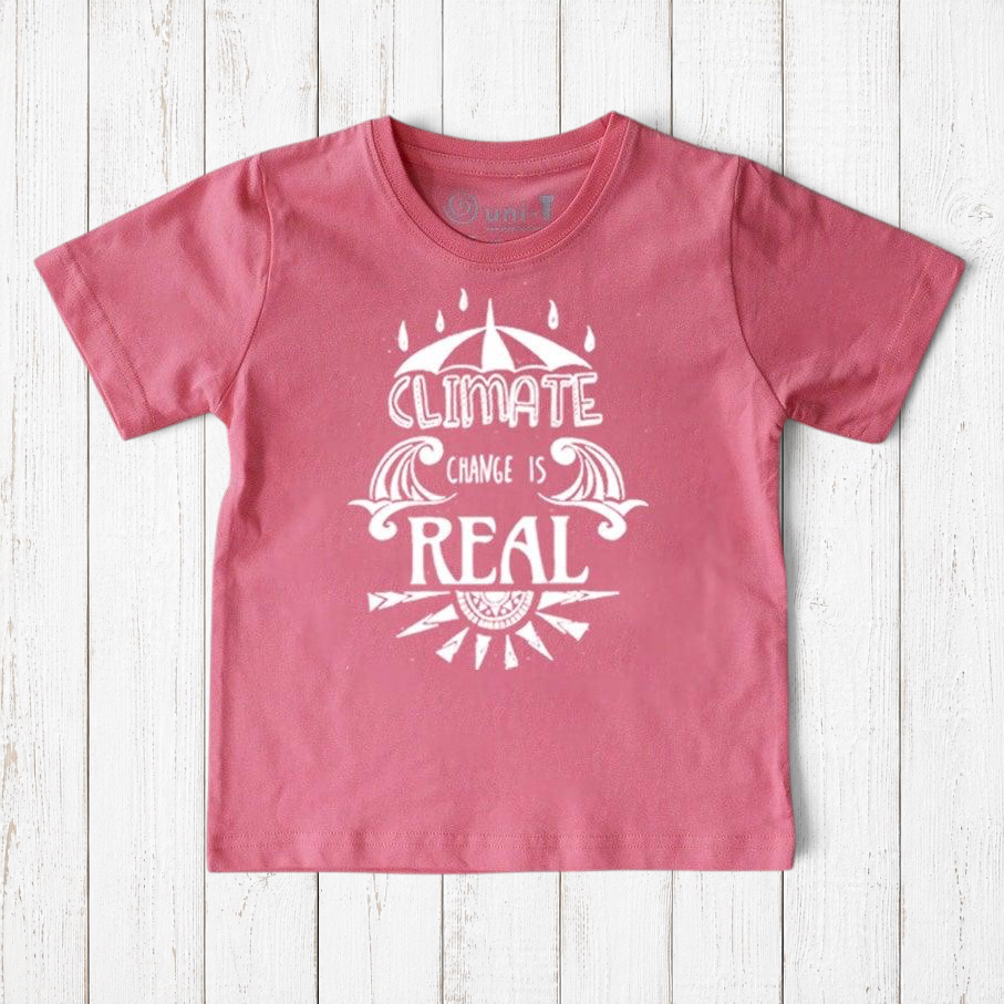Uni-T kids organic cotton t-shirt in dusty pink with a white hand-illustrated Climate Change Is Real graphic print.