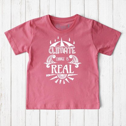 Uni-T kids organic cotton t-shirt in dusty pink with a white hand-illustrated Climate Change Is Real graphic print.