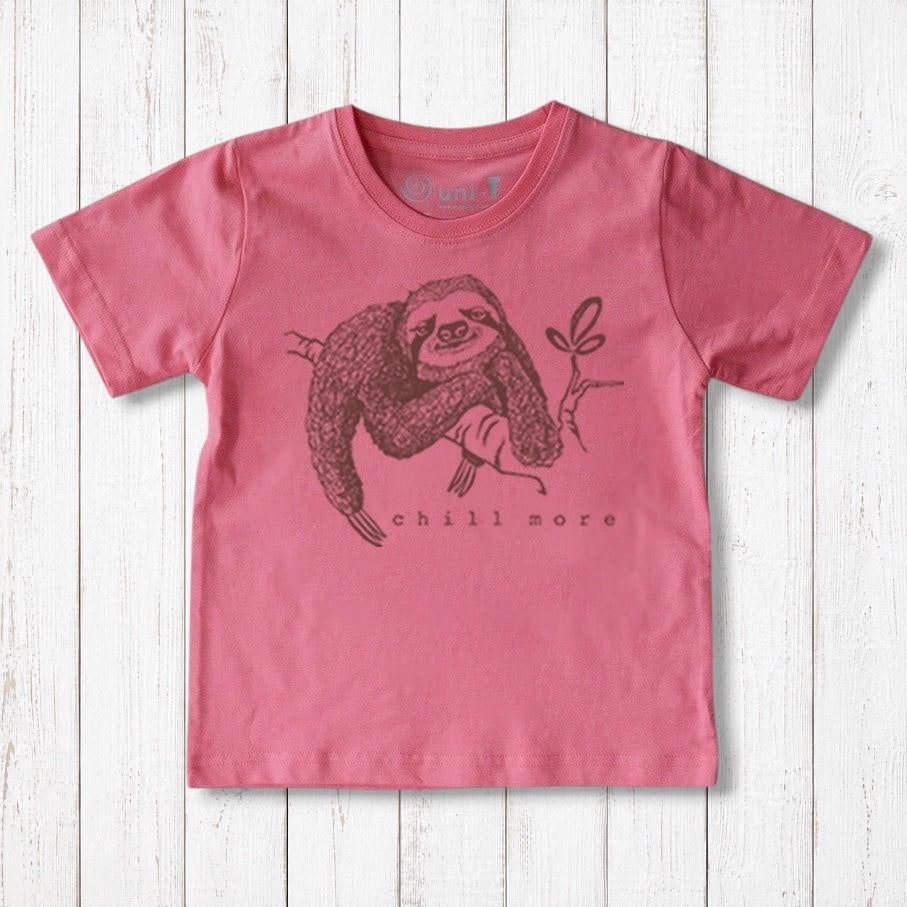 Uni-T kids organic cotton t-shirt in dusty pink featuring a hand-illustrated sloth graphic with Chill More text