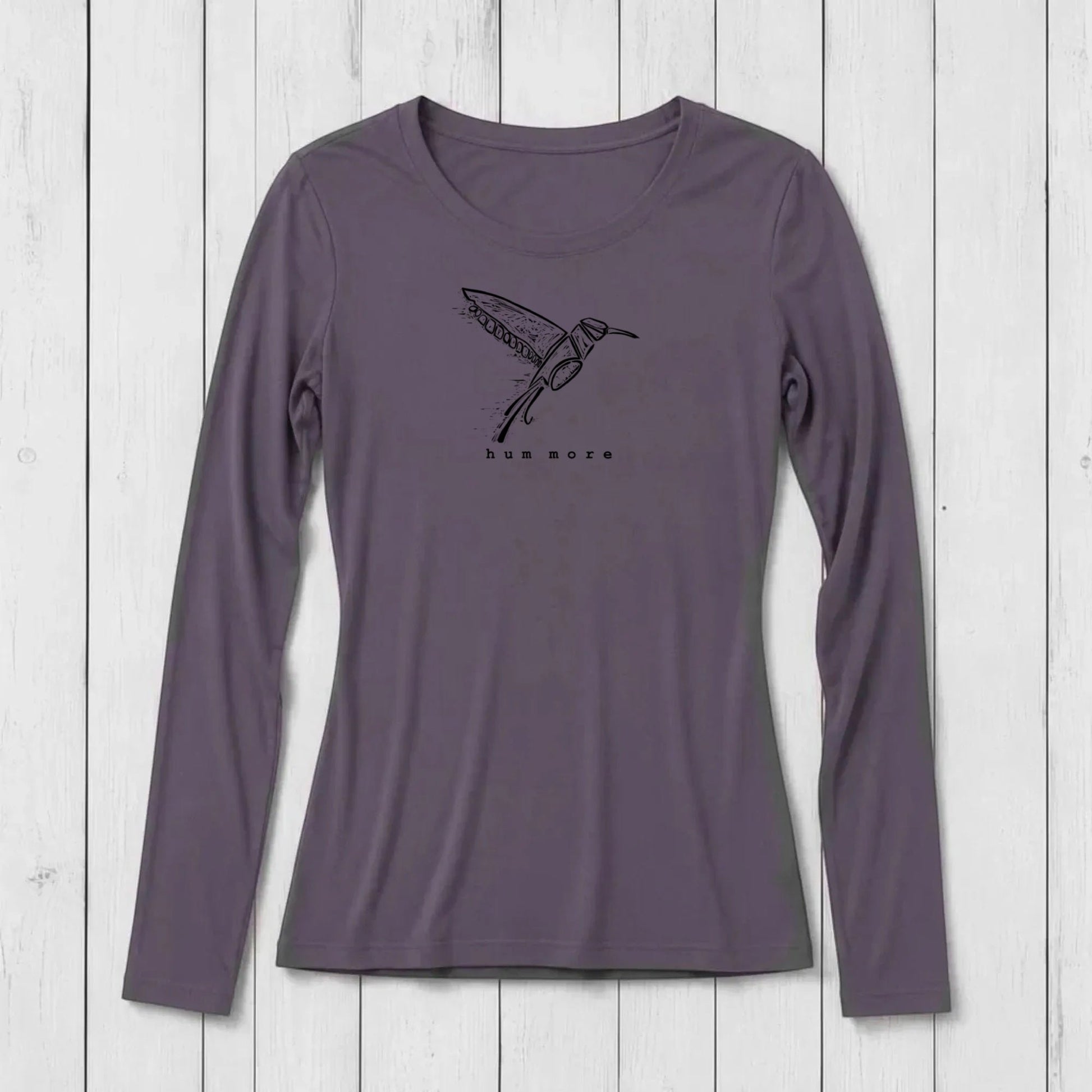 Uni-T women's long sleeve crew neck t-shirt in dark purple, made from soft, breathable bamboo and organic cotton blend.